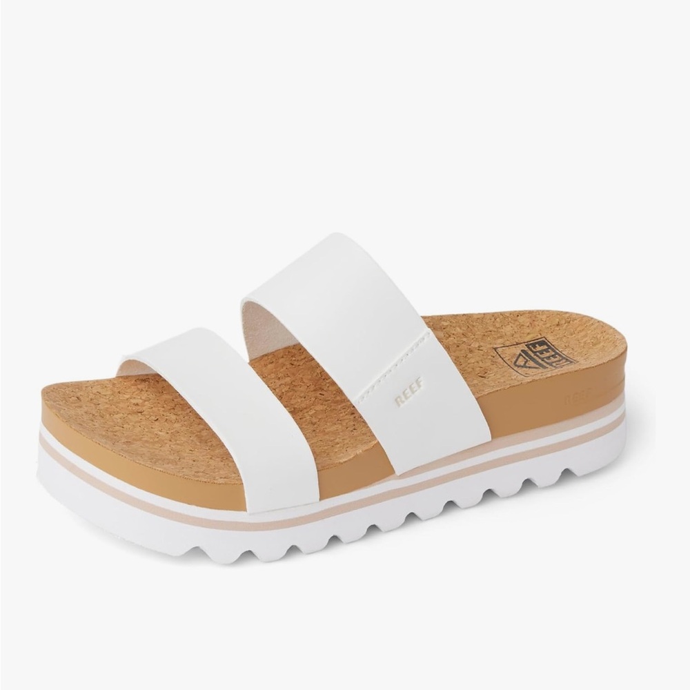 Reef White and Tan Slide Sandals